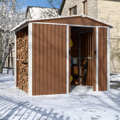 Металлический cадовый хозблок-сарай с двускатной крышей NEXT-дровник. цвет коричневый